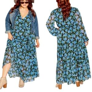 CITY CHIC Blue Bunch Floral Long Sleeve Maxi Dress Size 22 New w/ Tag MSRP $139